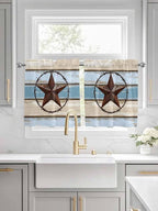 Vintage Western Star on Wood Grain Window Valance Curtains, Retro Wooden Texture Light Filtering Kitchen Valance with 3-inch Rod Pocket for Living Room Bathroom Bedroom,2 Panel,27.5x24In