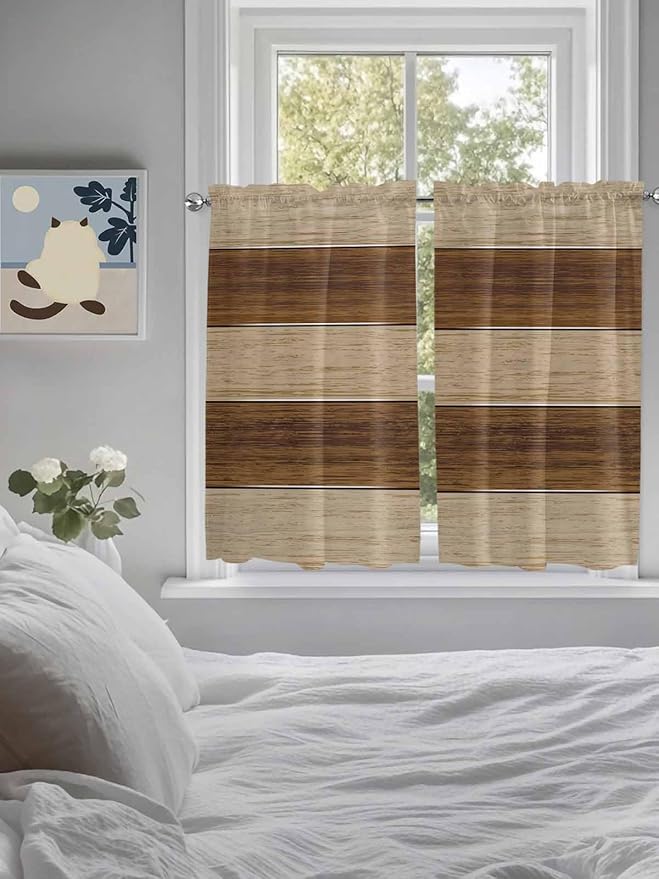 Retro Country Brown Wooden Board Window Valance Curtains, Farmhouse Gradient Plank Light Filtering Kitchen Valance with 3-inch Rod Pocket for Living Room Bathroom Bedroom,2 Panel,52x54In