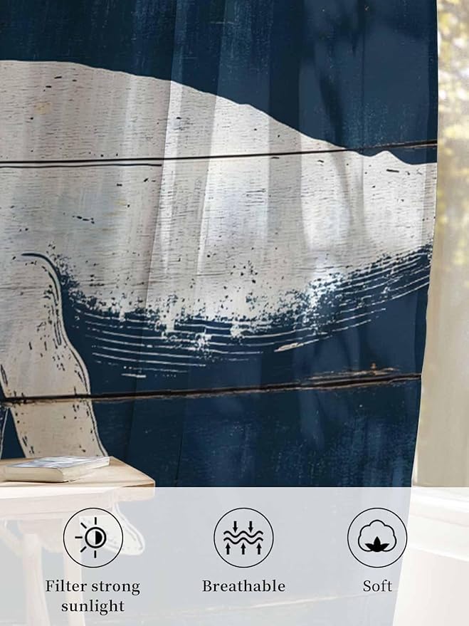 Sheer Curtains 96 Inches Long, Ocean Whale Blue Semi Sheer Curtains Light Filtering Window Treatment, Watercolor Coastal Vintage Wood Grain Privacy Voile Drapes for Living Room Bedroom 52x96 Inch