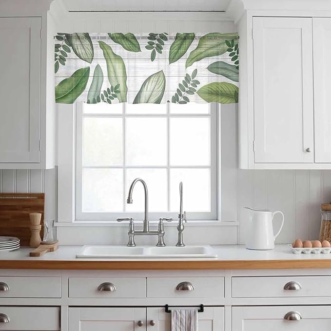 Summer Palm Leaf Sheer Valance Curtains, Green Tropical Plants Nature Leaves Wood Grain Light Filtering Kitchen Valances Rod Pocket Voile Curtain Treatment for Bedroom/Living Room/Basement 54Wx18L