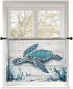 Sheer Curtains 54 Inch Length, Teal Green Sea Turtle Semi Sheer Curtains Light Filtering Window Treatment, Summer Ocean Seaweed Wood Grain Privacy Voile Drapes for Living Room Bedroom 52x54 Inch
