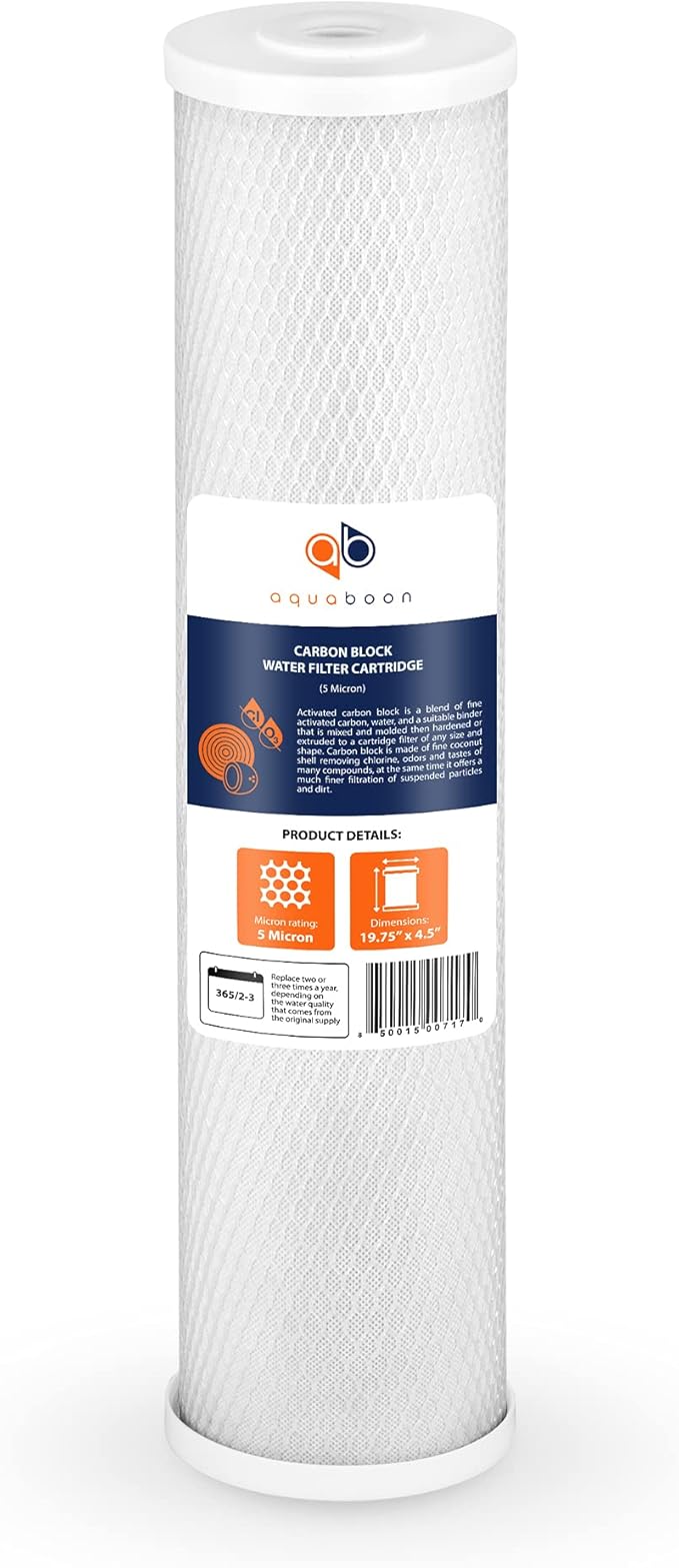 Aquaboon 4,5 x 20 inch Carbon Filter Cartridge - 5 Micron Coconut Shell CTO Filter - Whole House Well Water Filtration - Matches DB20P, CTO20BB, Pentek FLOPLUS-20BB, 155312-43, CBC-20BB (2 Pack)