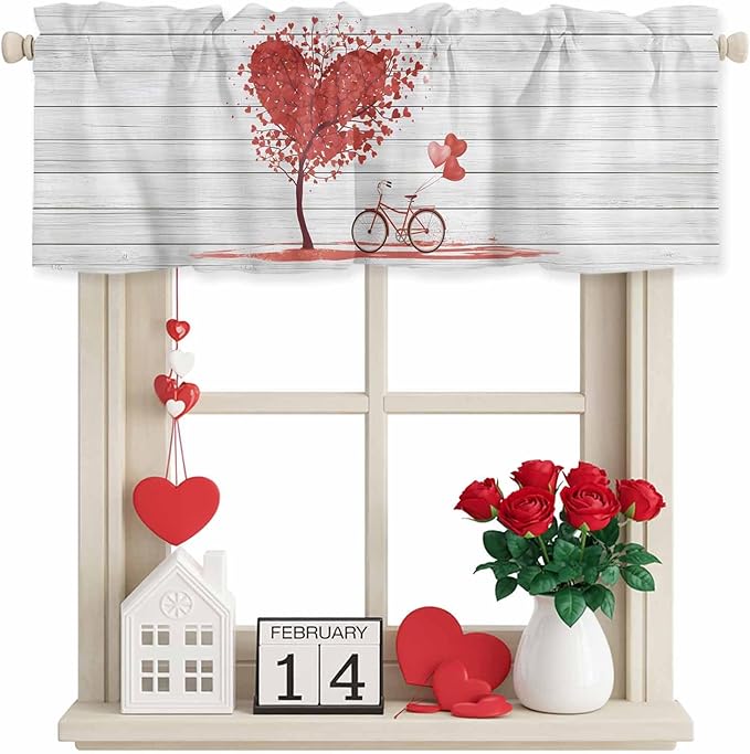 Valentine's Day Valance Curtains for Kitchen, Red Love Trees Bicycles Balloons Wood Grain Privacy Rod Pocket Valance Curtain, Light-Filtering Window Treatment for Bedroom Bathroom, 60"x14"
