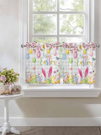 Happy Easter Half Window Curtain 36 Inches Long, Spring Watercolor Bunny Eggs Flower Grey Plaid Window Treatment Curtain Drapes, Small Tier Curtains for Bathroom Over Sink, 27.5"x36", 2 Panels