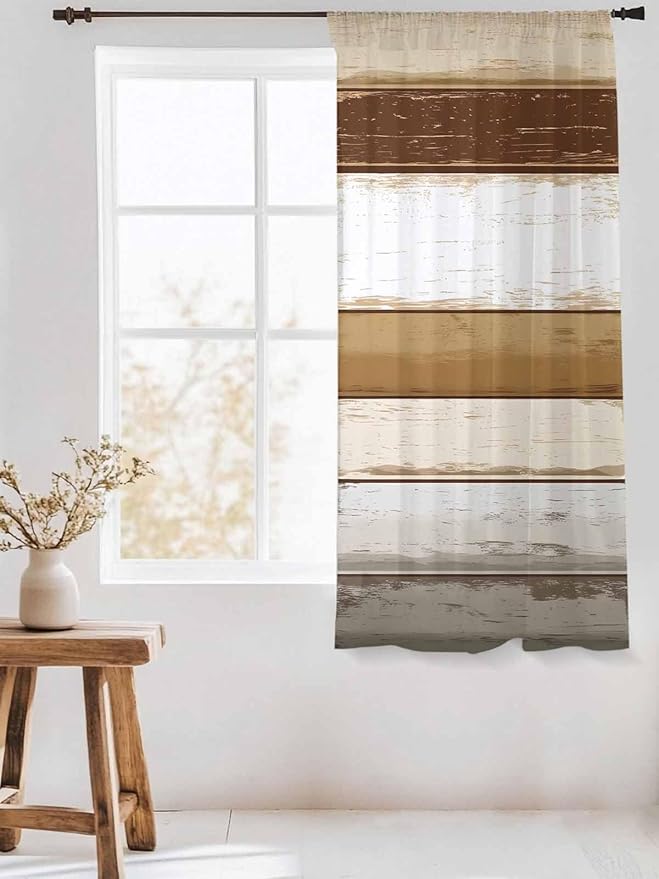 Sheer Curtains 63 Inch Length, Brown Wood Grain Semi Sheer Curtains Light Filtering Window Treatment, Vintage Country Geometric Striped Privacy Voile Drapes for Living Room Bedroom 52x63 Inch