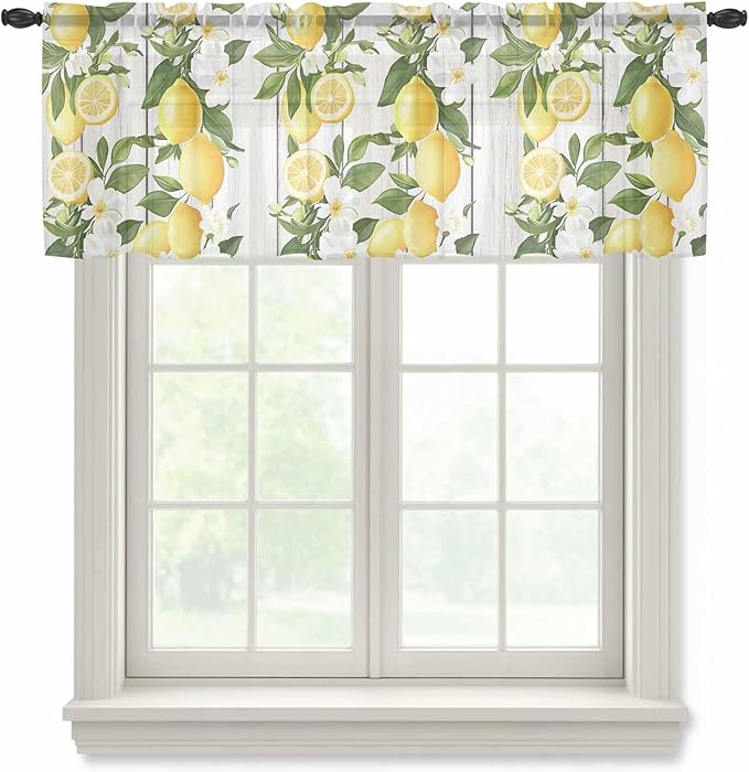 Spring Summer Lemon Sheer Valance Curtains, Leaf Flower White Wood Grain Light Filtering Kitchen Valances Rod Pocket Voile Curtain Window Treatment for Bedroom/Living Room/Basement 42Wx12L