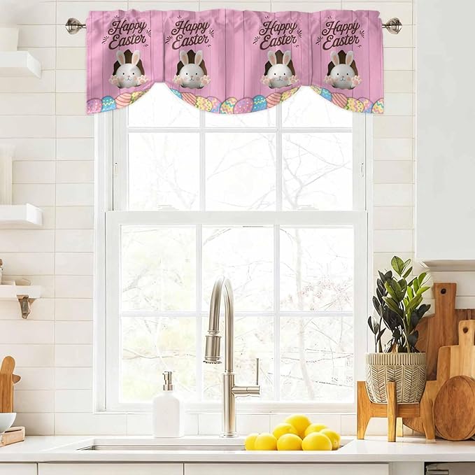 Pink Easter Tie Up Valance Curtains for Windows,Kitchen Curtains Window Shades,Easter Bunny Eggs Spring Cartoon Farmhouse Wood Grain Light Filtering Curtain Valances for Bedroom/Bathroom/Cafe 54"x18"