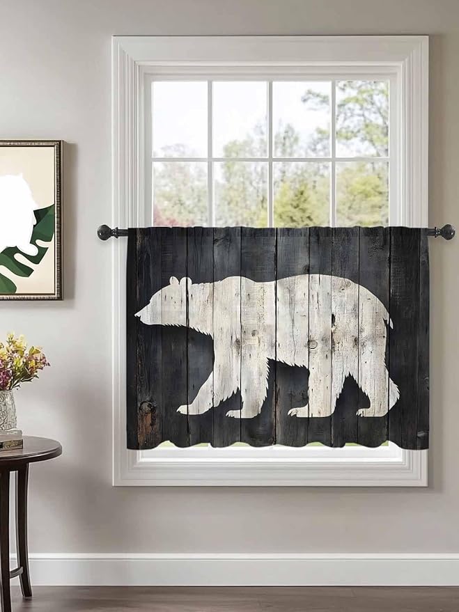 Sheer Curtains 54 Inch Length, White Brown Bear Semi Sheer Curtains Light Filtering Window Treatment, Rustic Counrty Vintage Wood Grain Privacy Voile Drapes for Living Room Bedroom 52x54 Inch
