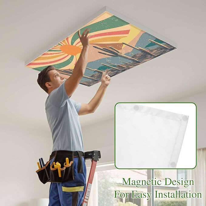 Fluorescent Light Covers for Ceiling Lights Cactus Desert Magnetic Light Filters 2 Pack 4x2 ft Boho Abstract Sun Mountain Rainbow Ceiling Lights Cover for Classroom Office School Home Drop Lamp Decor