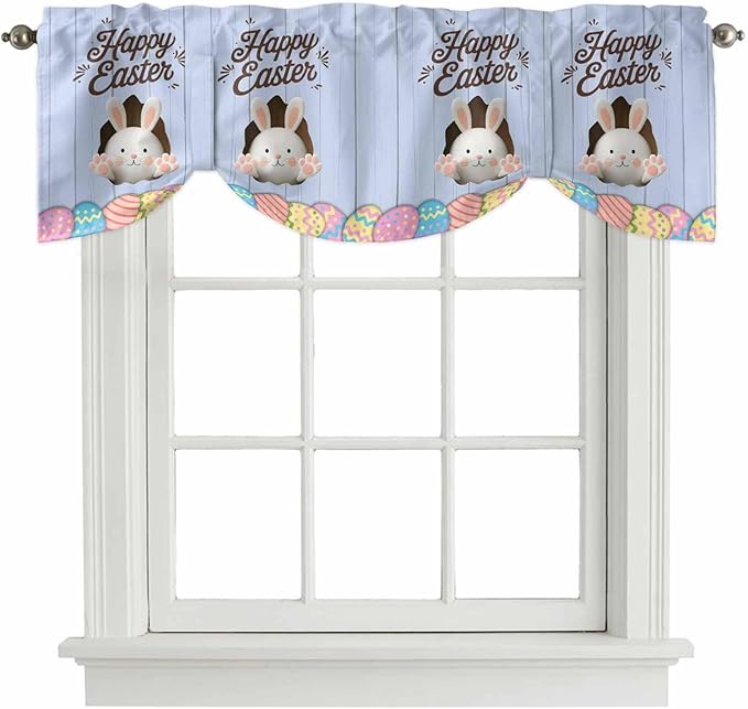 Blue Easter Tie Up Valance Curtains for Windows, Kitchen Curtains Window Shades, Spring Cartoon Bunny Colorful Eggs Wood Grain Light Filtering Roman Curtain Valances for Bedroom/Bathroom/Cafe 42"x18"