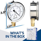 SENCTRL 30 inHg Vacuum Silicone Oil Liquid Filled Low Pressure Gauge, 2.5" Dial Size, 1/4" NPT Lower Mount, Stainless Steel Case, for Air Conditioning Manifolds, HVAC, Air Pump Vacuum Test
