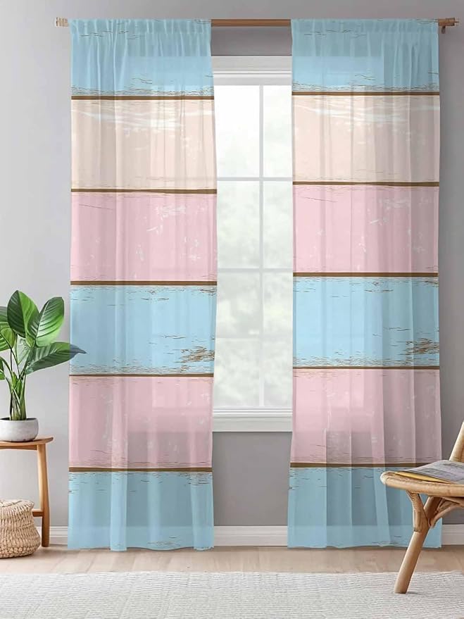 Sheer Curtains 96 Inches Long, Pink Blue Wood Grain Semi Sheer Curtains Light Filtering Window Treatment, Farmhouse Country Shabby Striped Privacy Voile Drapes for Living Room Bedroom 52x96 Inch