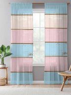 Sheer Curtains 96 Inches Long, Pink Blue Wood Grain Semi Sheer Curtains Light Filtering Window Treatment, Farmhouse Country Shabby Striped Privacy Voile Drapes for Living Room Bedroom 52x96 Inch