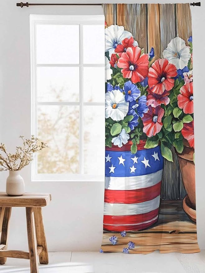 Sheer Curtains 108 Inches Long, Red Blue Flower Semi Sheer Curtains Light Filtering Window Treatment, Retro Independence Day Flag Wood Grain Privacy Voile Drapes for Living Room Bedroom 52x108 Inch