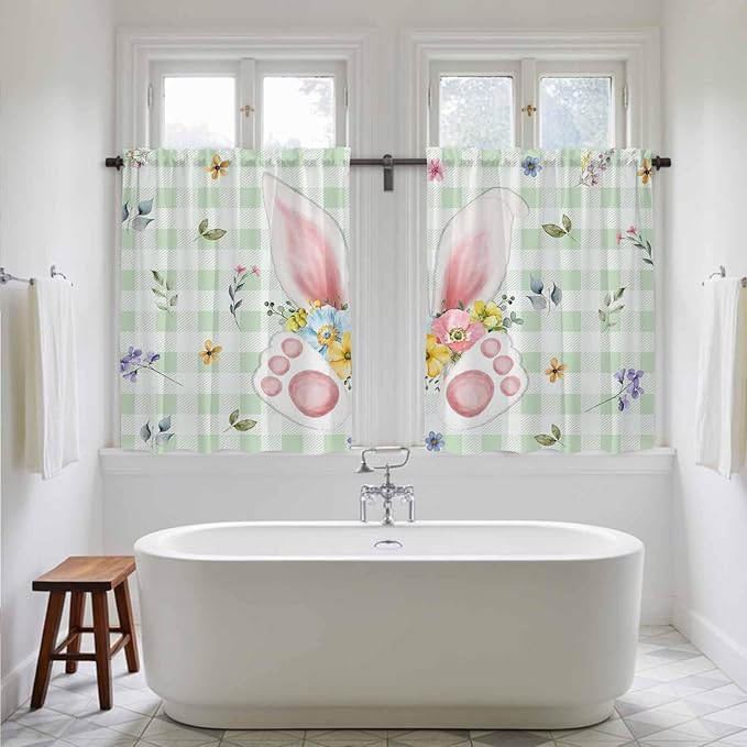 Easter Kitchen Curtains 45 Inch Long 2 Panel Set, Rod Pocket Window Treatment, Spring Bunny Ears Feet Flowers Green Plaid Light Filtering Short Curtains & Drapes for Bathroom Laundry 52"W x 45"L