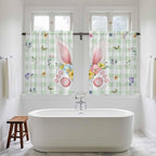 Easter Kitchen Curtains 45 Inch Long 2 Panel Set, Rod Pocket Window Treatment, Spring Bunny Ears Feet Flowers Green Plaid Light Filtering Short Curtains & Drapes for Bathroom Laundry 52"W x 45"L