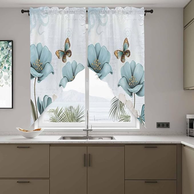 Blue Tulips Swag Valances for Windows, Watercolor Flowers Butterfly Spring Farmhouse Blue Rod Pocket Kitchen Curtains Valance, Small Window Curtains Swag for Cafe Living Room, 2 Panels, 28x36 inch
