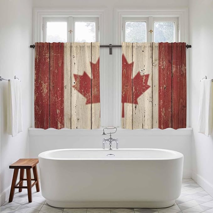 Canada Kitchen Curtains, Red Maple Leaf Flag Vintage Farmhouse Wooden Grain Light Filtering Window Curtain Panels, 2Pcs Rod Pocket Window Treatments Set for RV Dining Room Study Room 42x45 Inches