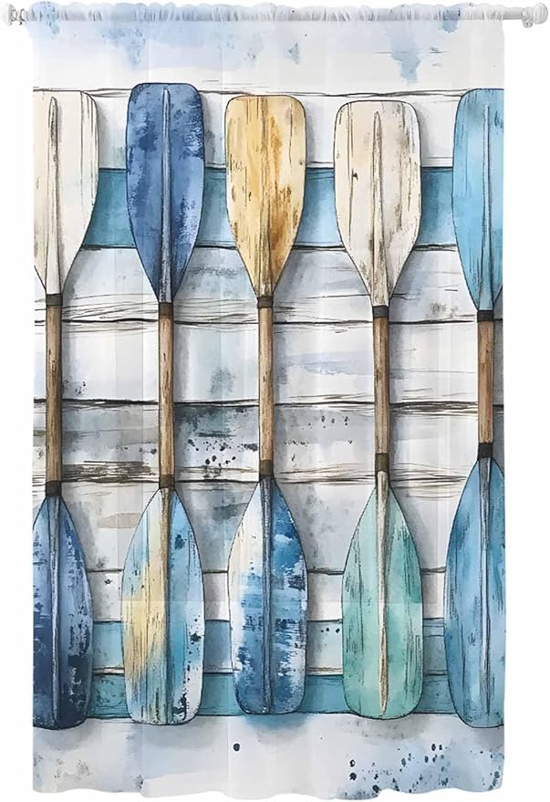 Sheer Curtains 108 Inches Long, Lake Paddle Striped Semi Sheer Curtains Light Filtering Window Treatment, Watercolor Vintage Wood Grain Privacy Voile Drapes for Living Room Bedroom 52x108 Inch