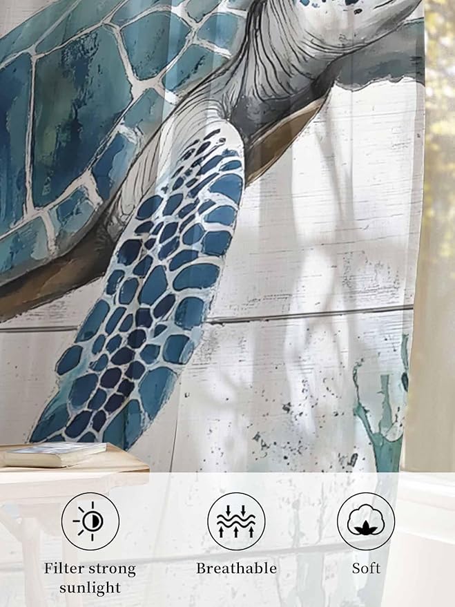 Sheer Curtains 54 Inch Length, Teal Green Sea Turtle Semi Sheer Curtains Light Filtering Window Treatment, Summer Ocean Vintage Wood Grain Privacy Voile Drapes for Living Room Bedroom 52x54 Inch