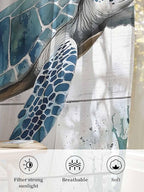 Sheer Curtains 108 Inches Long, Teal Green Sea Turtle Semi Sheer Curtains Light Filtering Window Treatment, Summer Ocean Vintage Wood Grain Privacy Voile Drapes for Living Room Bedroom 52x108 Inch