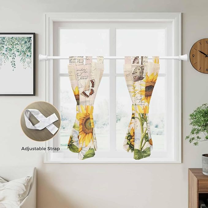 Yellow Sunflowers Kitchen Curtains 45 Inch Length, Short Cafe Window Curtains Tab Top, Country Farm Butterfly Flower Light Beige Light Filtering Window Treatments Tier Drapes 27.5"x45" 2 Panel