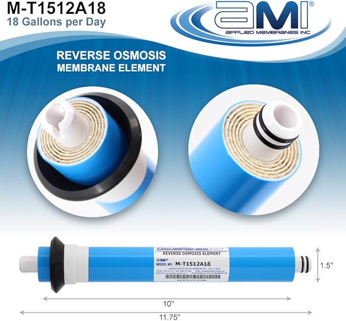 APPLIED MEMBRANES INC. 18 GPD Reverse Osmosis Membrane | RO Membrane Water Filter Replacement for Reverse Osmosis Water Filtration System | 1.5” x 12” Universal Compatibility | Made in USA