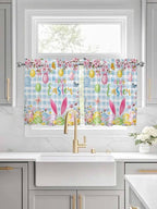 Happy Easter Half Window Curtain 36 Inches Long, Spring Watercolor Bunny Eggs Flower Blue Plaid Window Treatment Curtain Drapes, Small Tier Curtains for Bathroom Over Sink, 27.5"x36", 2 Panels
