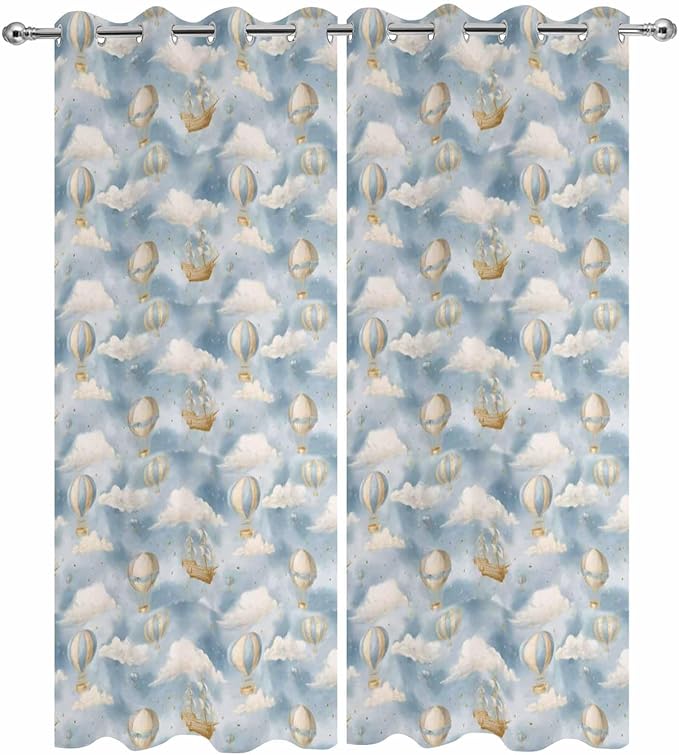 Hot Air Balloons Outdoor Curtains for Patio Fantasy Spaceship Cartoon Vintage Waterproof Outside Curtains with Grommet Top Weatherproof Curtain for Cabana Pergola Gazebo, 2 Pack, 54" W x 108" L