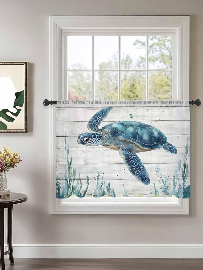 Sheer Curtains 45 Inch Length, Teal Green Ocean Turtle Semi Sheer Curtains Light Filtering Window Treatment, Coastal Seaweed Wood Grain Privacy Voile Drapes for Living Room Bedroom 52x45 Inch