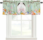 Easter Curtain Valances for Windows, Kitchen Valance Window Treatment, Spring Watercolor Bunny Eggs Wooden Grain Green Light Filtering Block Curtains for Bathroom/Bedroom/Living Room 42'' x 18''