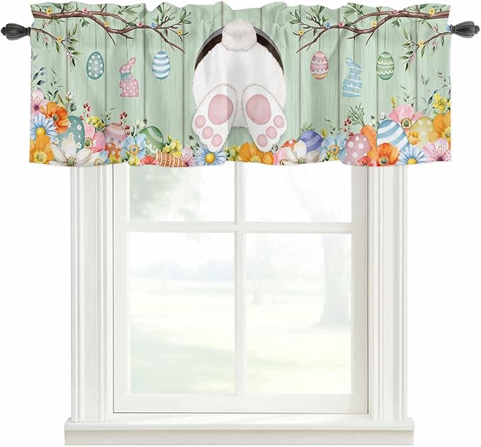 Easter Curtain Valances for Windows, Kitchen Valance Window Treatment, Spring Watercolor Bunny Eggs Wooden Grain Green Light Filtering Block Curtains for Bathroom/Bedroom/Living Room 54'' x 18''
