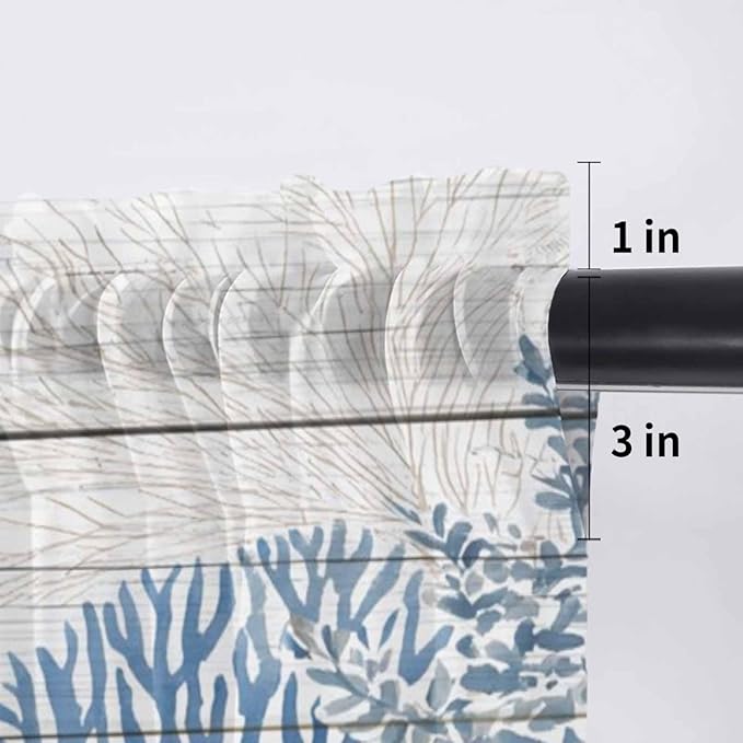 Ocean Corals Sheer Valance Curtains, Summer Beach Coral Sea Stars Wood Grain Light Filtering Kitchen Valances Rod Pocket Voile Curtain Window Treatment for Bedroom/Living Room/Basement 42Wx12L