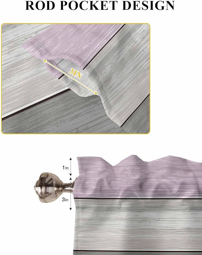 Country Wood Board Gray Purple Window Valance Curtains, Farmhouse Gradient Plank Light Filtering Kitchen Valance with 3-inch Rod Pocket for Living Room Bathroom Bedroom,2 Panel,52x72In
