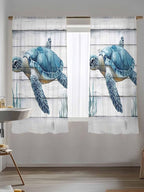 Sheer Curtains 72 Inches Long, Sea Turtle Blue Semi Sheer Curtains Light Filtering Window Treatment, Coastal Ocean Seaweed Wood Grain Privacy Voile Drapes for Living Room Bedroom 52x72 Inch