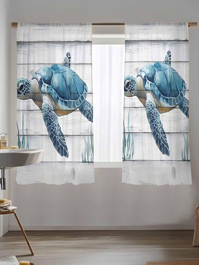 Sheer Curtains 72 Inches Long, Sea Turtle Blue Semi Sheer Curtains Light Filtering Window Treatment, Coastal Ocean Seaweed Wood Grain Privacy Voile Drapes for Living Room Bedroom 52x72 Inch