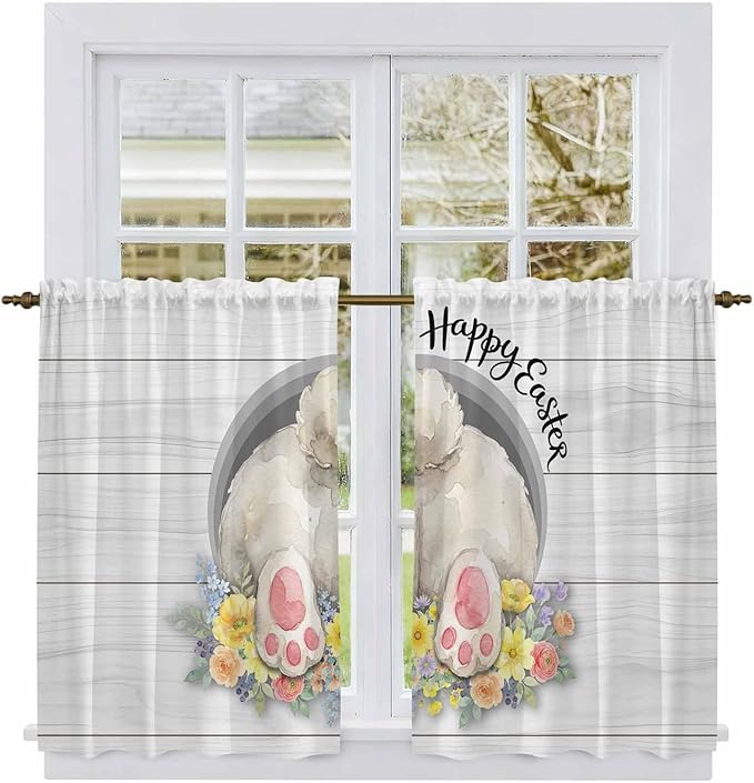 Easter Bunny Kitchen Tier Curtains 45 Inch Long 2 Panel Set,Rod Pocket Short Window Treatment,3D Optical Illusion Farmhouse Flower Wood Grain Light Filtering Curtains & Drapes 27.5"W x 45"L
