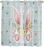 Easter Window Curtains 63 Inch Long 2 Panel Set, Rod Pocket Bedroom Curtains & Drapes, Spring Rabbits Ears Feet Flowers Wooden Grain Light Filtering Window Treatment for Living Room 42"W x 63"L