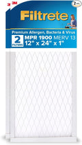 Filtrete 12x24x1 AC Furnace Air Filter, MERV 13, MPR 1900, Premium Allergen, Bacteria & Virus Filter, 3-Month Pleated 1-Inch Electrostatic Air Cleaning Filter, 2-Pack (Actual Size 11.69x23.69x0.78 in)