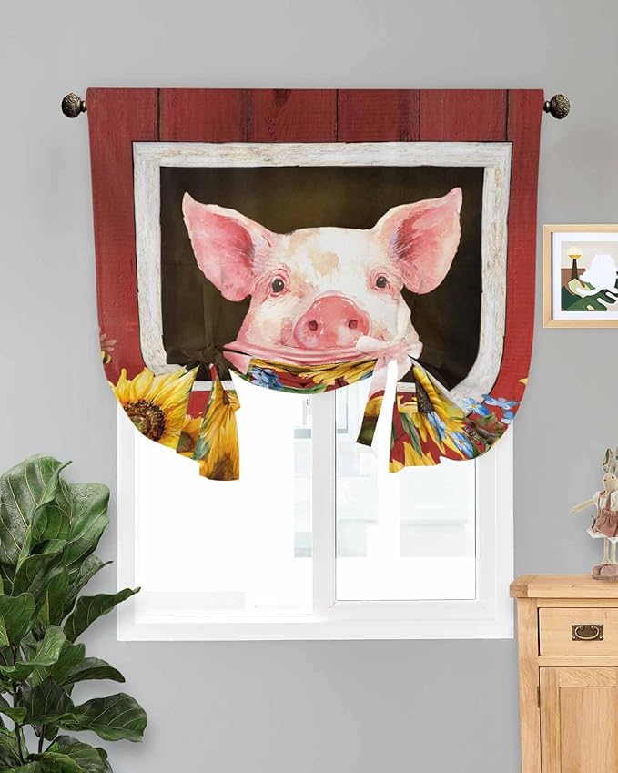 Tie Up Curtains for Windows, Pigs Sunflowers Adjustable Balloon Nature Linen Textured Kitchen Curtain, Farmhouse Red Barn Flowers Animals Room Darkening Curtains for Glass Door, 42 x 45 in