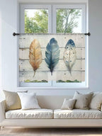 Sheer Curtains 45 Inch Length, Boho Blue Feathers Semi Sheer Curtains Light Filtering Window Treatment, Country Vintage Wooden Grain Privacy Voile Drapes for Living Room Bedroom 52x45 Inch