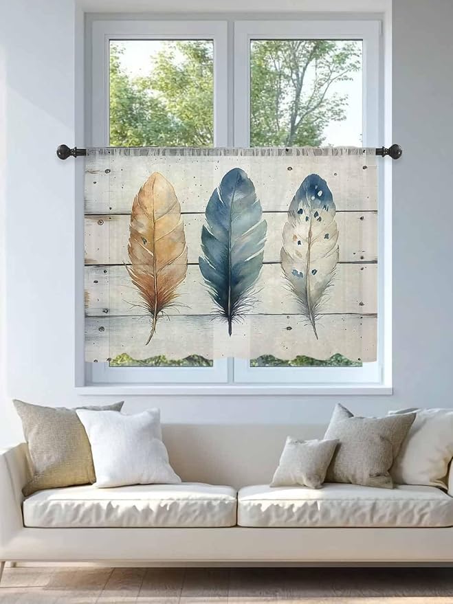 Sheer Curtains 54 Inch Length, Boho Blue Feathers Semi Sheer Curtains Light Filtering Window Treatment, Country Vintage Wooden Grain Privacy Voile Drapes for Living Room Bedroom 52x54 Inch