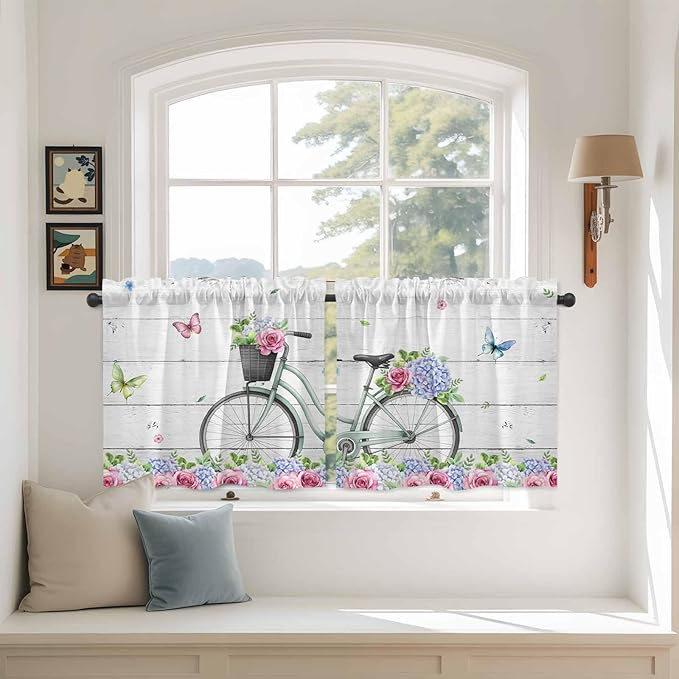 Spring Tier Curtains, Bicycles Botanical Rose Leaves Butterfly Wood Grain Light Filtering Kitchen Curtains, 2Pcs Rod Pocket Half Window Treatments Panels for Sink Cafe Cabinet Camper 27.5x36 Inches