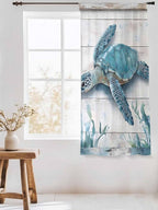 Sheer Curtains 72 Inches Long, Teal Green Sea Turtle Semi Sheer Curtains Light Filtering Window Treatment, Summer Ocean Seaweed Wood Grain Privacy Voile Drapes for Living Room Bedroom 52x72 Inch