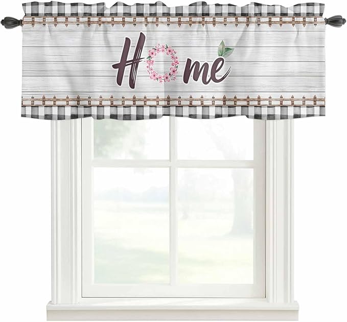 Spring Flowers Curtain Valances for Windows, Kitchen Valance Window Treatment, Farmhouse Watercolor Black Plaid Wood Grain Light Filtering Block Curtains for Bathroom/Bedroom/Living Room 42'' x 18''