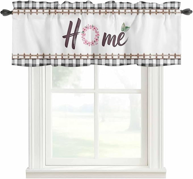 Spring Flowers Curtain Valances for Windows, Kitchen Valance Window Treatment, Watercolor Floral Leaf Black Plaid Light Filtering Block Curtains for Bathroom/Bedroom/Living Room 42'' x 12''