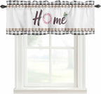 Spring Flowers Curtain Valances for Windows, Kitchen Valance Window Treatment, Watercolor Floral Leaf Black Plaid Light Filtering Block Curtains for Bathroom/Bedroom/Living Room 42'' x 12''
