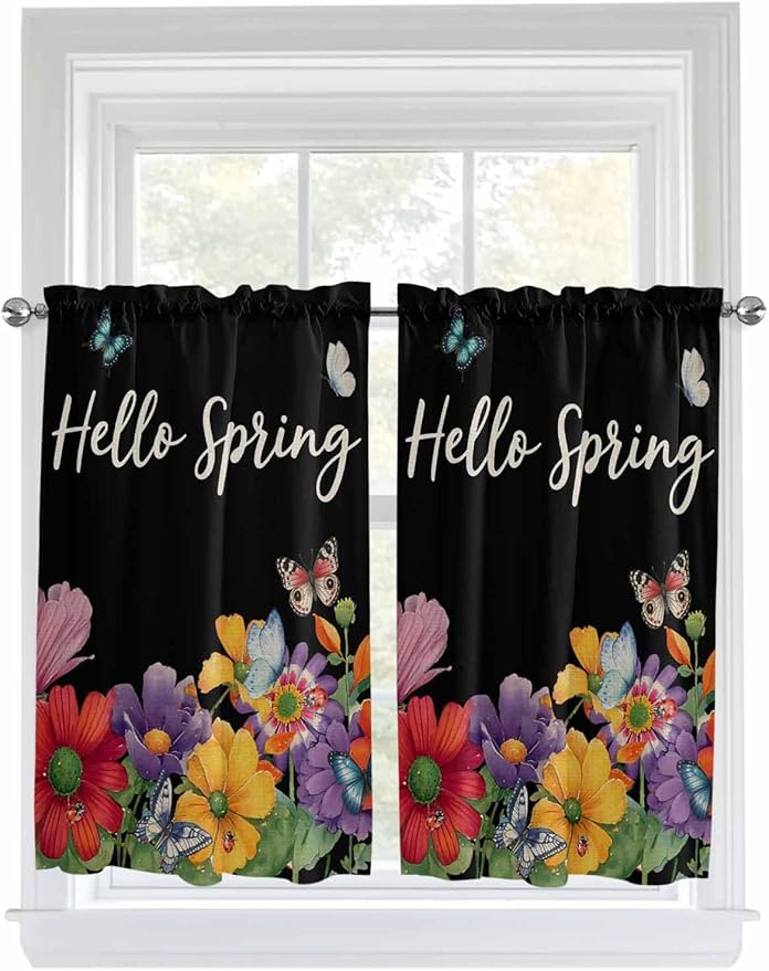 Spring Flowers Kitchen Curtains 54 Inches length, Watercolor Country Colorful Floral Black Window Treatment Curtain Drapes, Thermal Insulated Drapes for Basement Hotel RV, 42"x54", 2 Panels