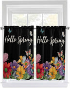 Spring Flowers Kitchen Curtains 54 Inches length, Watercolor Country Colorful Floral Black Window Treatment Curtain Drapes, Thermal Insulated Drapes for Basement Hotel RV, 42"x54", 2 Panels