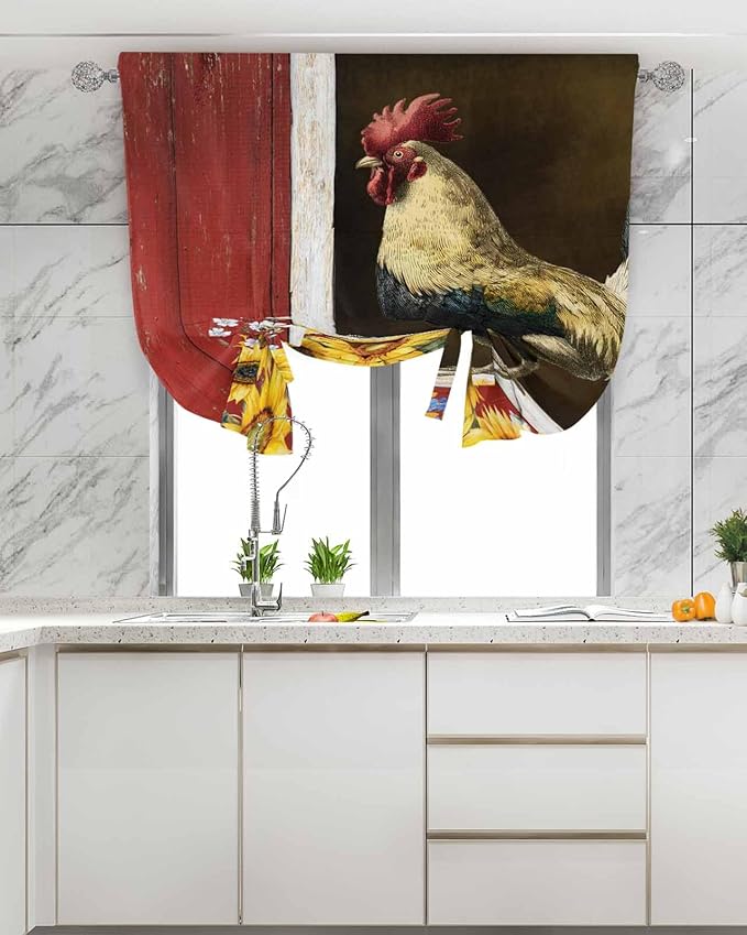 Tie Up Curtains for Windows, Chicken Sunflowers Adjustable Balloon Nature Linen Textured Kitchen Curtain, Farmhouse Animals Red Barn Bees Decorative Tie Up Curtain for Window, 52" x 45"